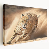 Stretched canvas featuring a striking side view of a cheetah, showcasing its vibrant orange and black fur, ideal for wildlife-themed decor and animal art enthusiasts.