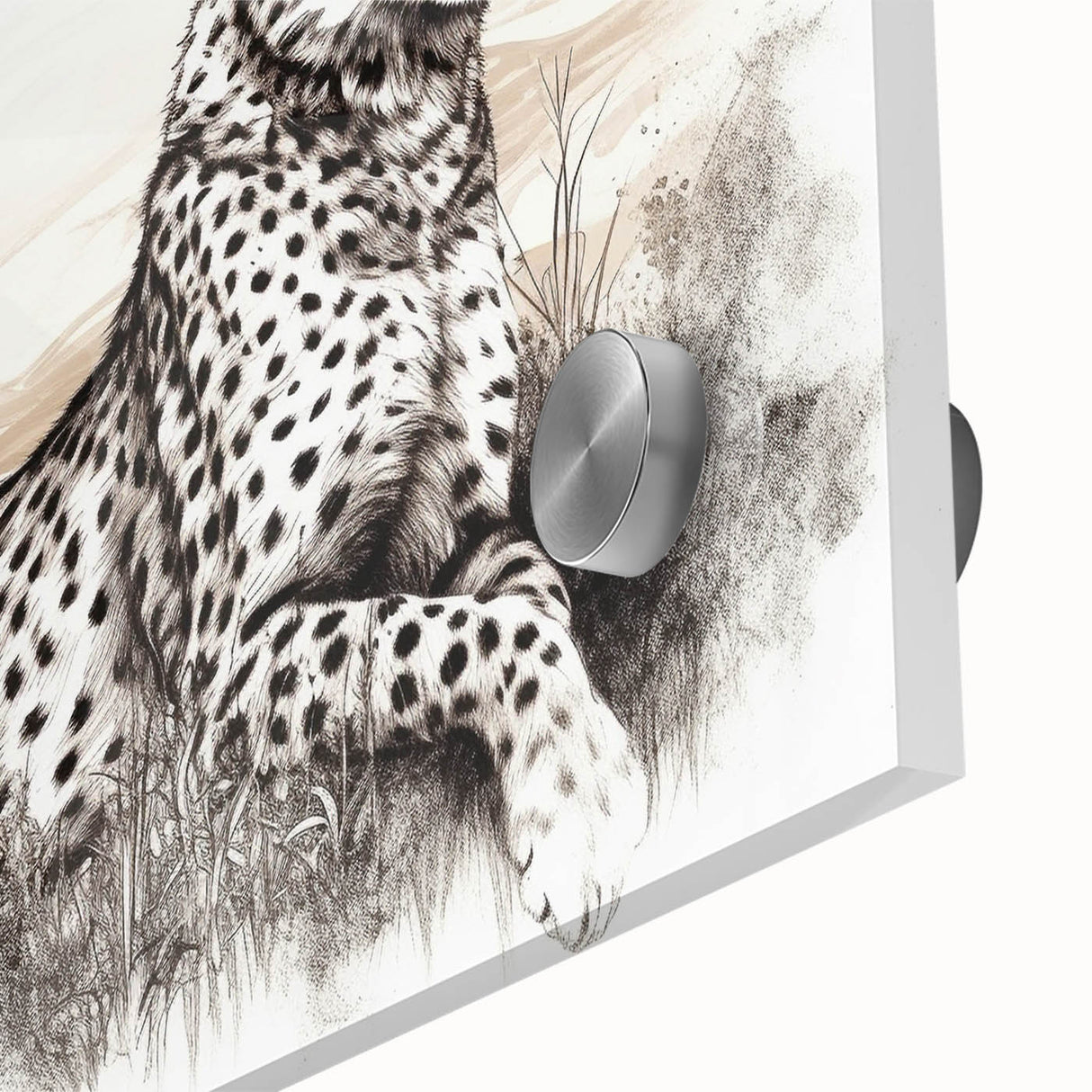 Close-up of a vibrant acrylic wall art piece showcasing a majestic cheetah in a wild landscape, emphasizing its striking features and natural beauty.