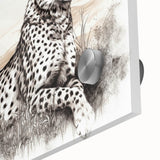 Close-up of a vibrant acrylic wall art piece showcasing a majestic cheetah in a wild landscape, emphasizing its striking features and natural beauty.