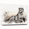 Cheetah-themed wall art design displayed in an acrylic glass frame, showcasing vibrant colors and intricate details, ideal for wildlife enthusiasts and home decor.