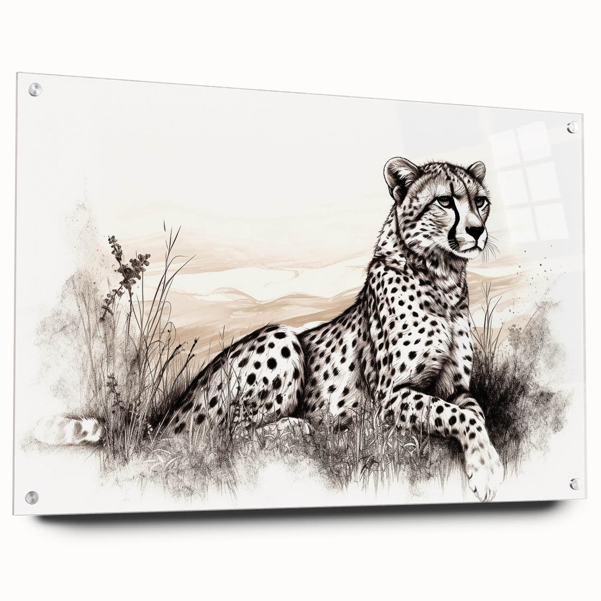 Cheetah-themed wall art design displayed in an acrylic glass frame, showcasing vibrant colors and intricate details, ideal for wildlife enthusiasts and home decor.