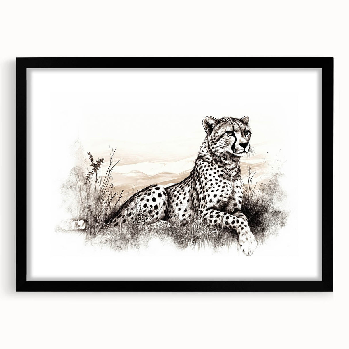 Cheetah-themed wall art design featuring a striking black frame and mat, showcasing a detailed portrait of a cheetah against a vibrant background, perfect for animal lovers.