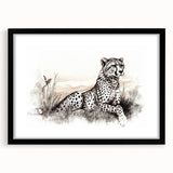 Cheetah-themed wall art design featuring a striking black frame and mat, showcasing a detailed portrait of a cheetah against a vibrant background, perfect for animal lovers.