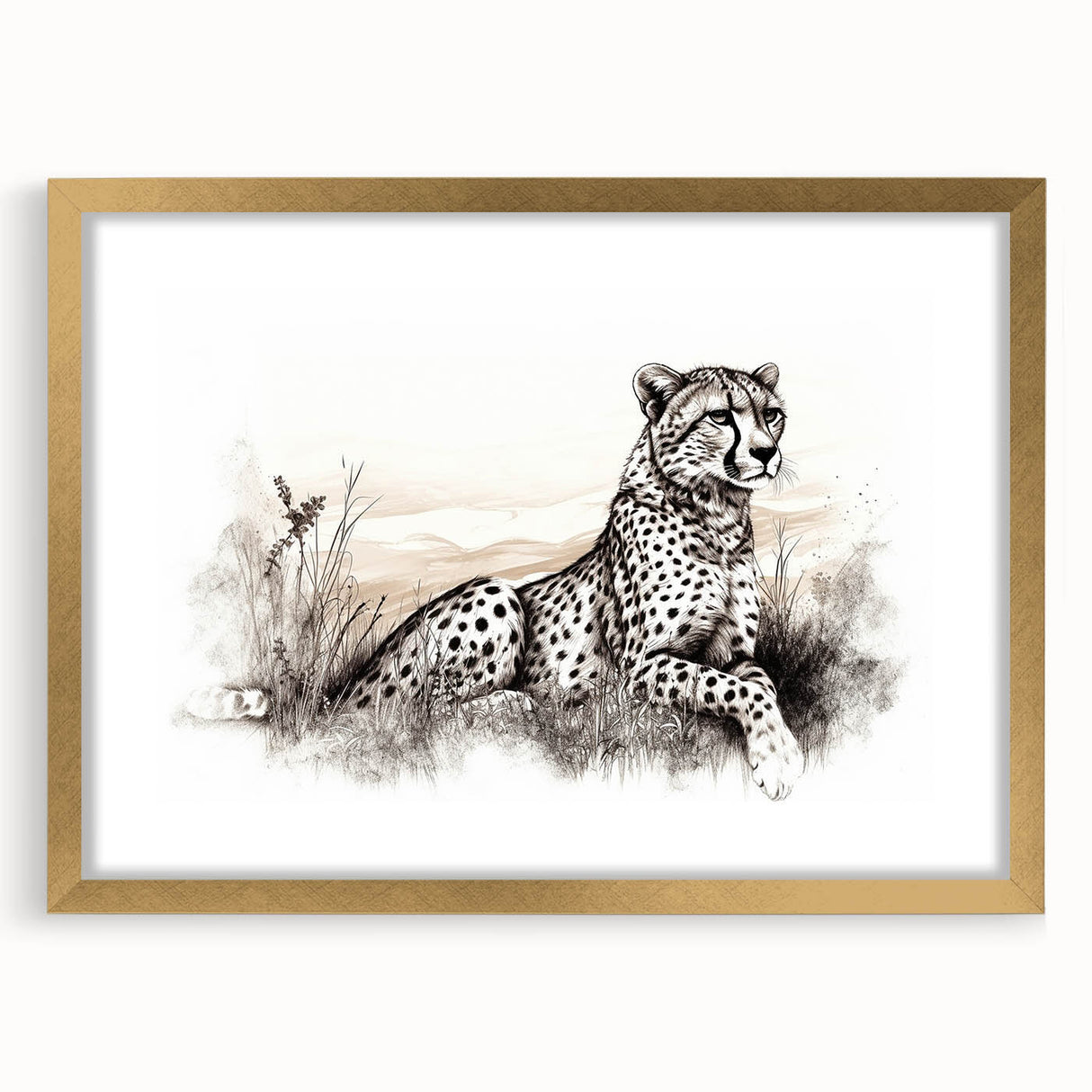 Cheetah-themed wall art featuring a striking gold frame and mat, showcasing a vibrant design of a cheetah in a wild landscape, perfect for animal lovers.
