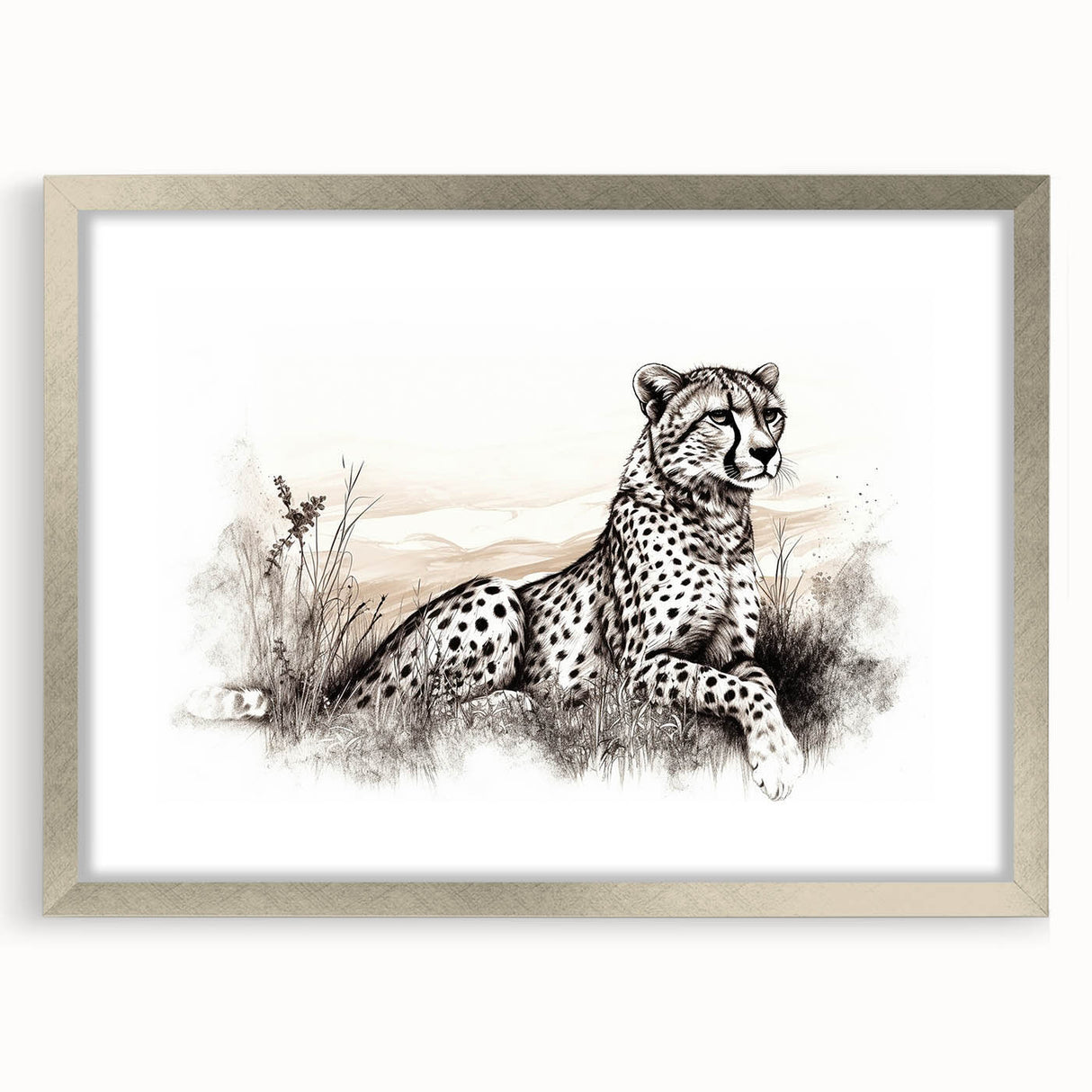 Framed wall art featuring a striking cheetah design in a silver frame with a white mat, showcasing the beauty of wildlife in contemporary decor.