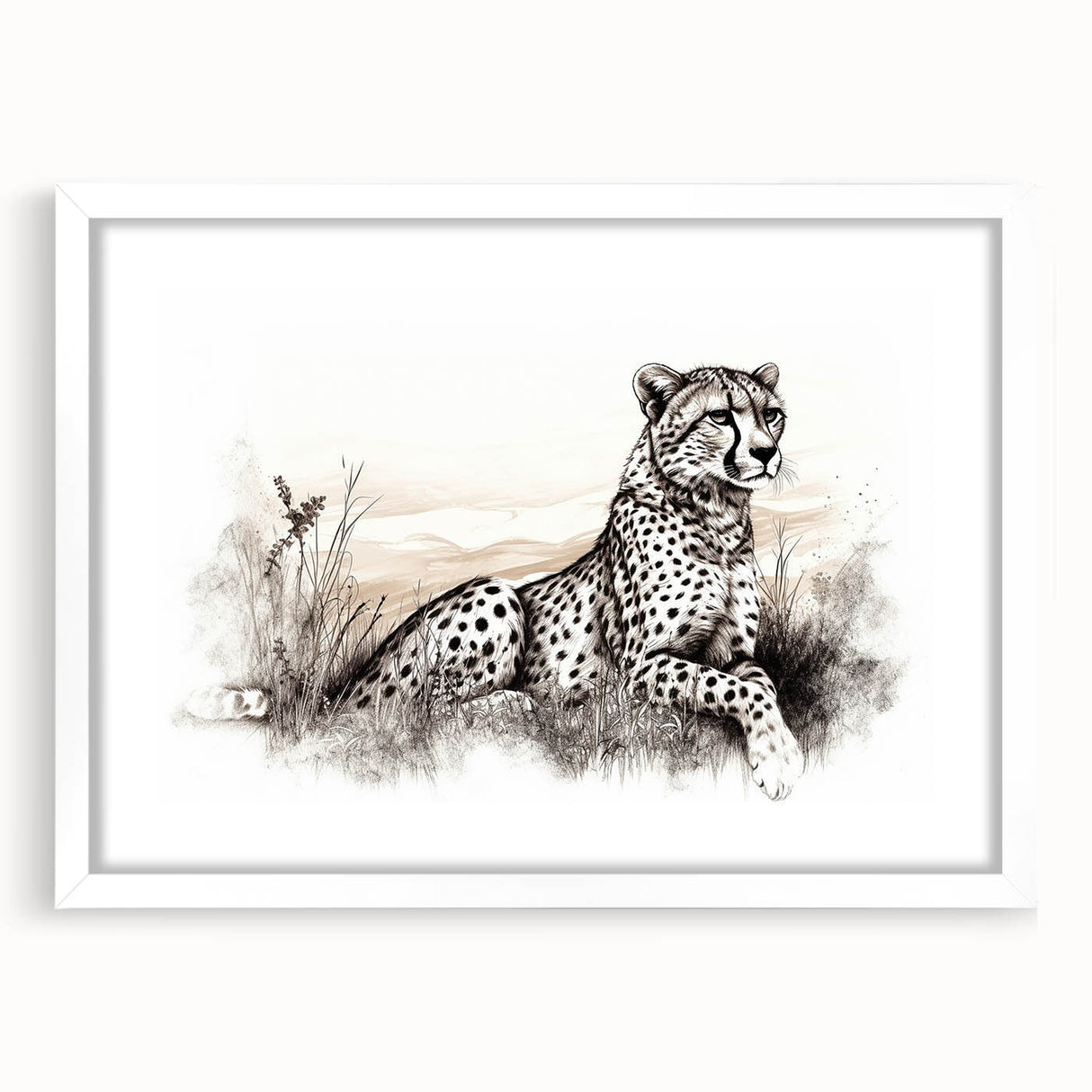 Cheetah-themed wall art collection framed in white, showcasing a striking design of a cheetah against a vibrant background, perfect for wildlife enthusiasts.
