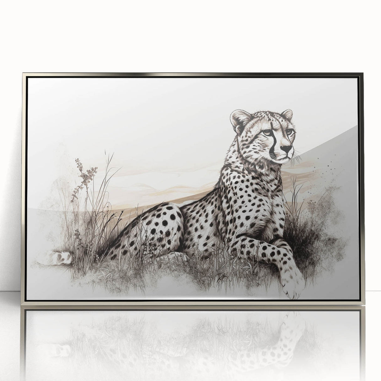 Framed wall art featuring a striking cheetah design in a silver-acrylic frame, showcasing the animal's grace and beauty, perfect for wildlife enthusiasts.