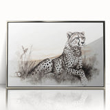 Framed wall art featuring a striking cheetah design in a silver-acrylic frame, showcasing the animal's grace and beauty, perfect for wildlife enthusiasts.