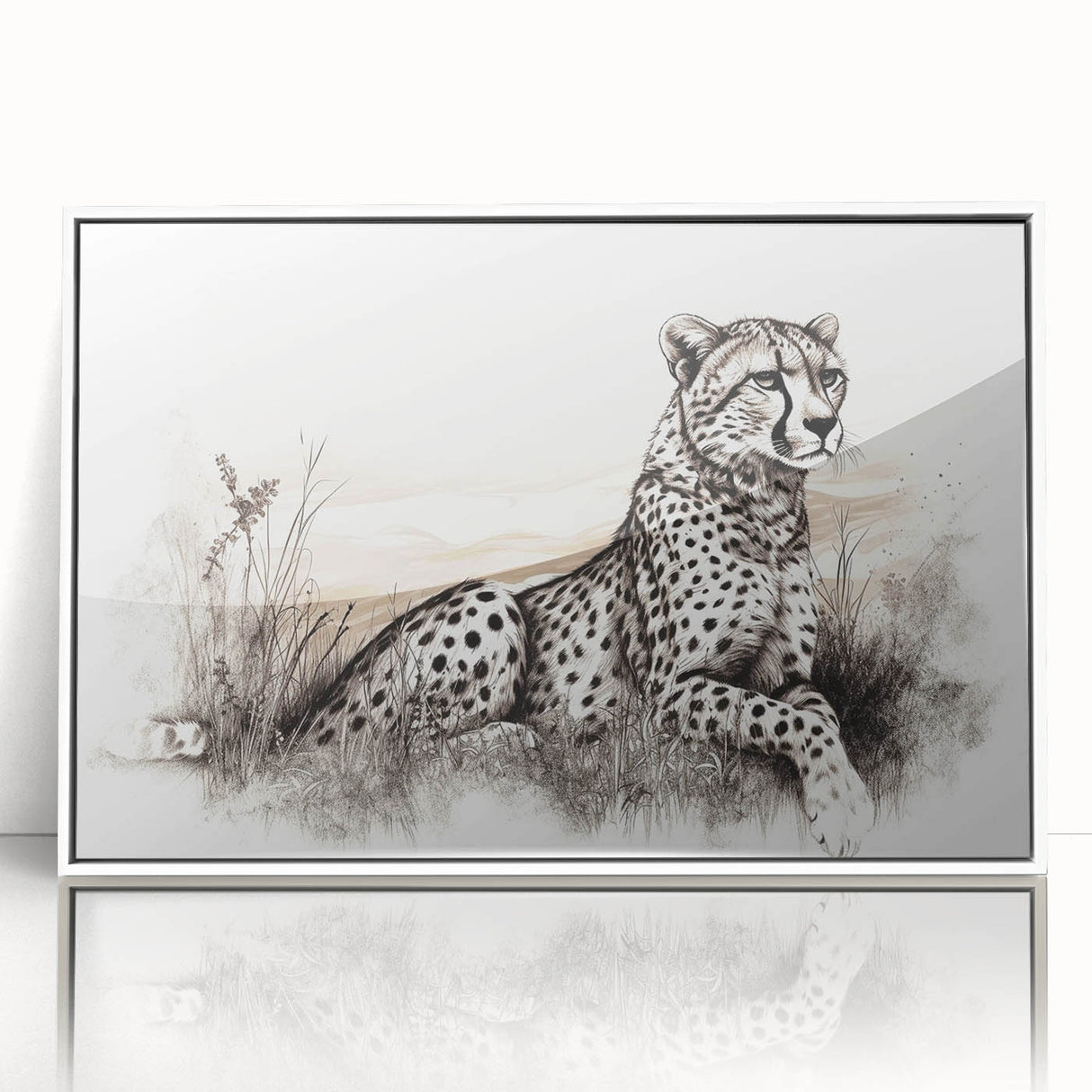 Framed wall art featuring a striking cheetah design on a white background, showcasing vibrant colors and intricate details, perfect for wildlife enthusiasts and modern decor.