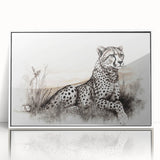 Framed wall art featuring a striking cheetah design on a white background, showcasing vibrant colors and intricate details, perfect for wildlife enthusiasts and modern decor.