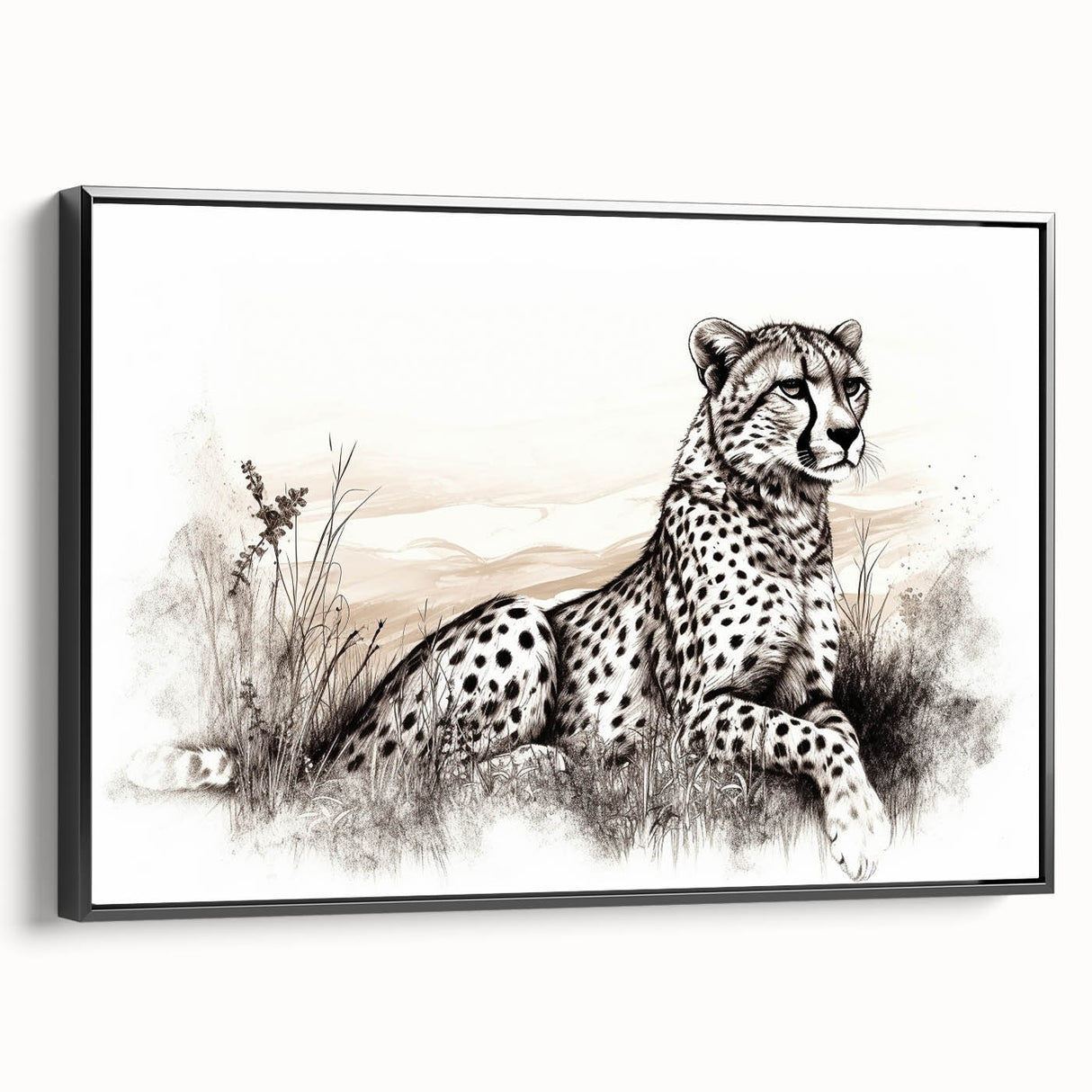 Framed wall art featuring a sleek black canvas design of a cheetah in profile, showcasing vibrant colors and fine details, perfect for wildlife enthusiasts.