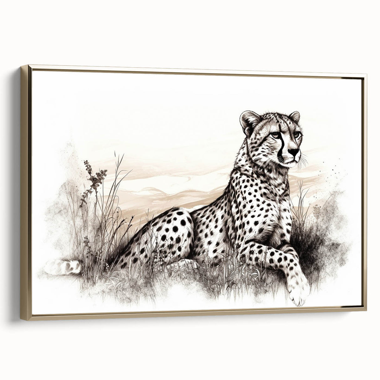 Framed canvas wall art featuring a striking side view of a cheetah in a golden color palette, ideal for animal lovers and home decor enthusiasts.