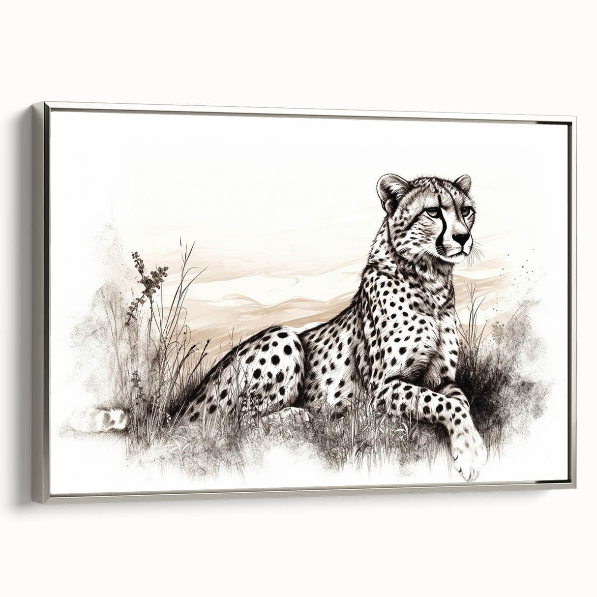 Framed wall art depicting a graceful cheetah in a silver frame, showcasing detailed fur patterns and vibrant colors, perfect for animal lovers and modern decor.