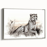 Framed wall art depicting a graceful cheetah in a silver frame, showcasing detailed fur patterns and vibrant colors, perfect for animal lovers and modern decor.