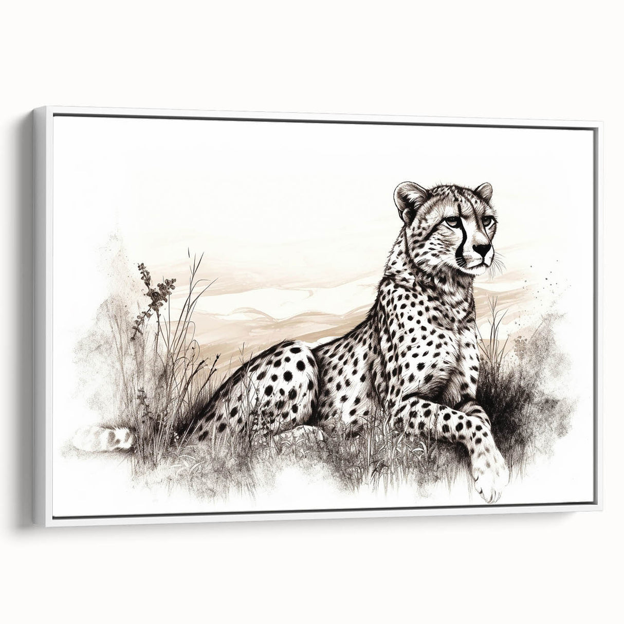 Framed canvas wall art depicting a side view of a cheetah in a wild landscape, showcasing vibrant colors and intricate details, perfect for animal lovers.