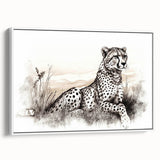 Framed canvas wall art depicting a side view of a cheetah in a wild landscape, showcasing vibrant colors and intricate details, perfect for animal lovers.