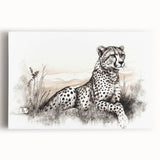 Vibrant cheetah wall art design on stretched canvas showcases the majestic animal in a striking front view, perfect for wildlife enthusiasts and home decor.