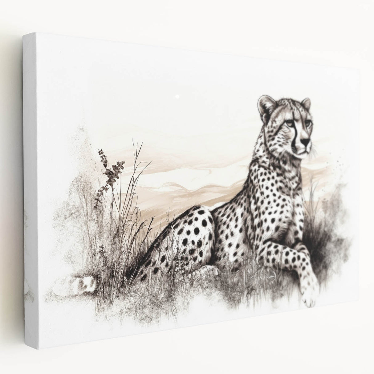 Cheetah wall art design showcasing a stunning side view of a majestic cheetah in a natural setting, printed on high-quality stretched canvas. Perfect for wildlife enthusiasts and home decor.