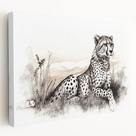 Cheetah wall art design showcasing a stunning side view of a majestic cheetah in a natural setting, printed on high-quality stretched canvas. Perfect for wildlife enthusiasts and home decor.