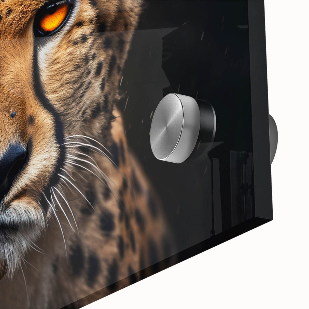 Close-up of a stunning cheetah wall art design, showcasing vibrant colors and intricate details on acrylic glass, perfect for wildlife enthusiasts' decor.