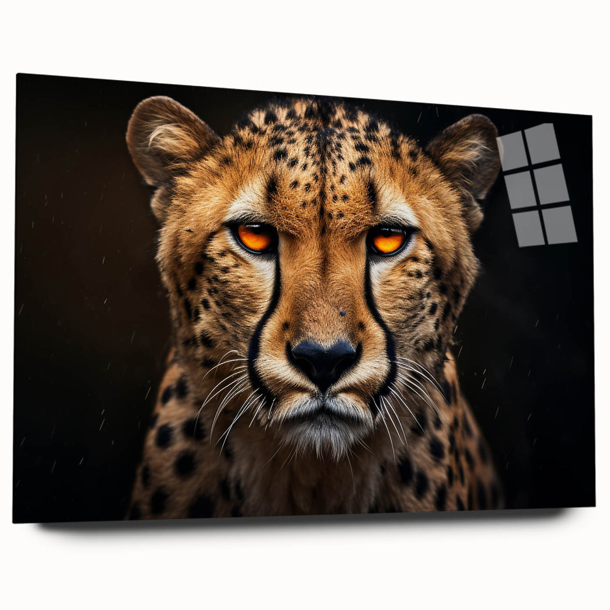 Side view of a sleek acrylic wall art piece featuring a striking cheetah design, showcasing vibrant colors and intricate details, perfect for wildlife enthusiasts.