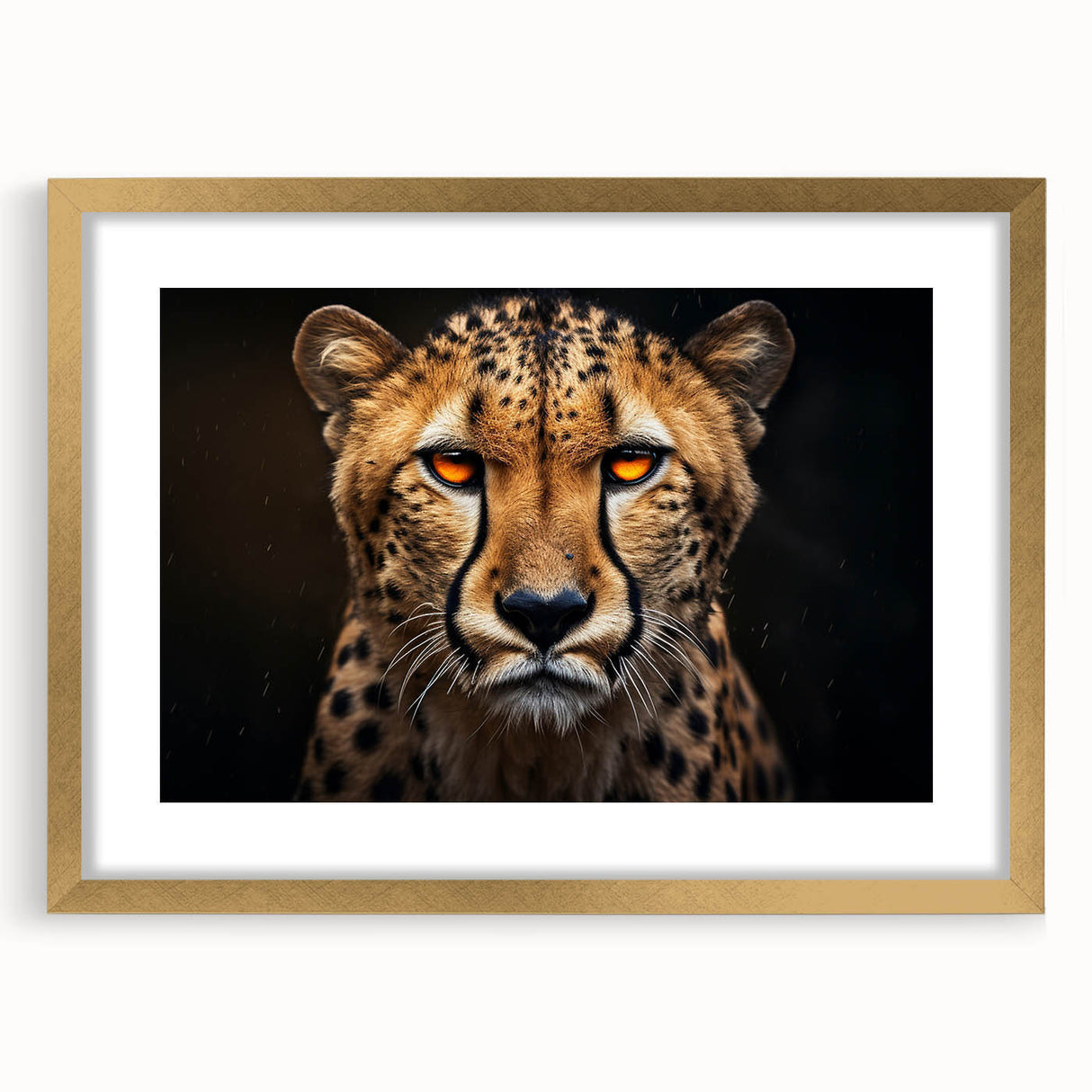 Cheetah-themed wall art design displayed in a stylish gold frame, featuring vibrant colors and intricate details, perfect for wildlife enthusiasts and home decor.