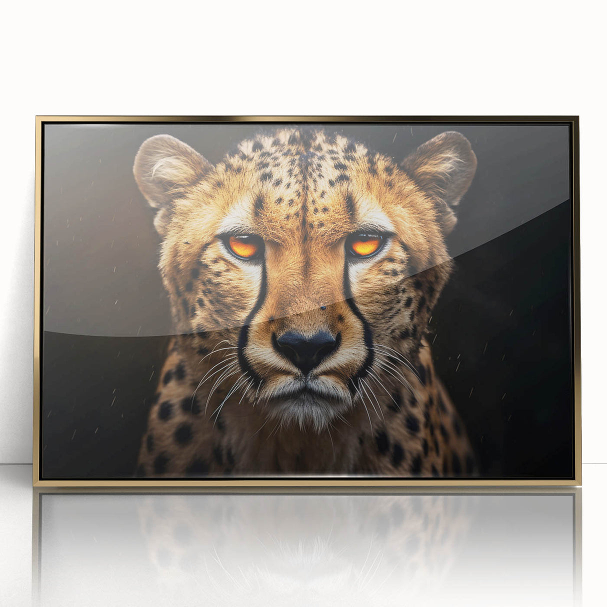 Framed wall art featuring a striking gold-accented cheetah design, showcasing the animal's sleek form and captivating gaze against a vibrant background, perfect for wildlife enthusiasts.