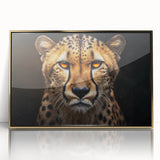 Framed wall art featuring a striking gold-accented cheetah design, showcasing the animal's sleek form and captivating gaze against a vibrant background, perfect for wildlife enthusiasts.