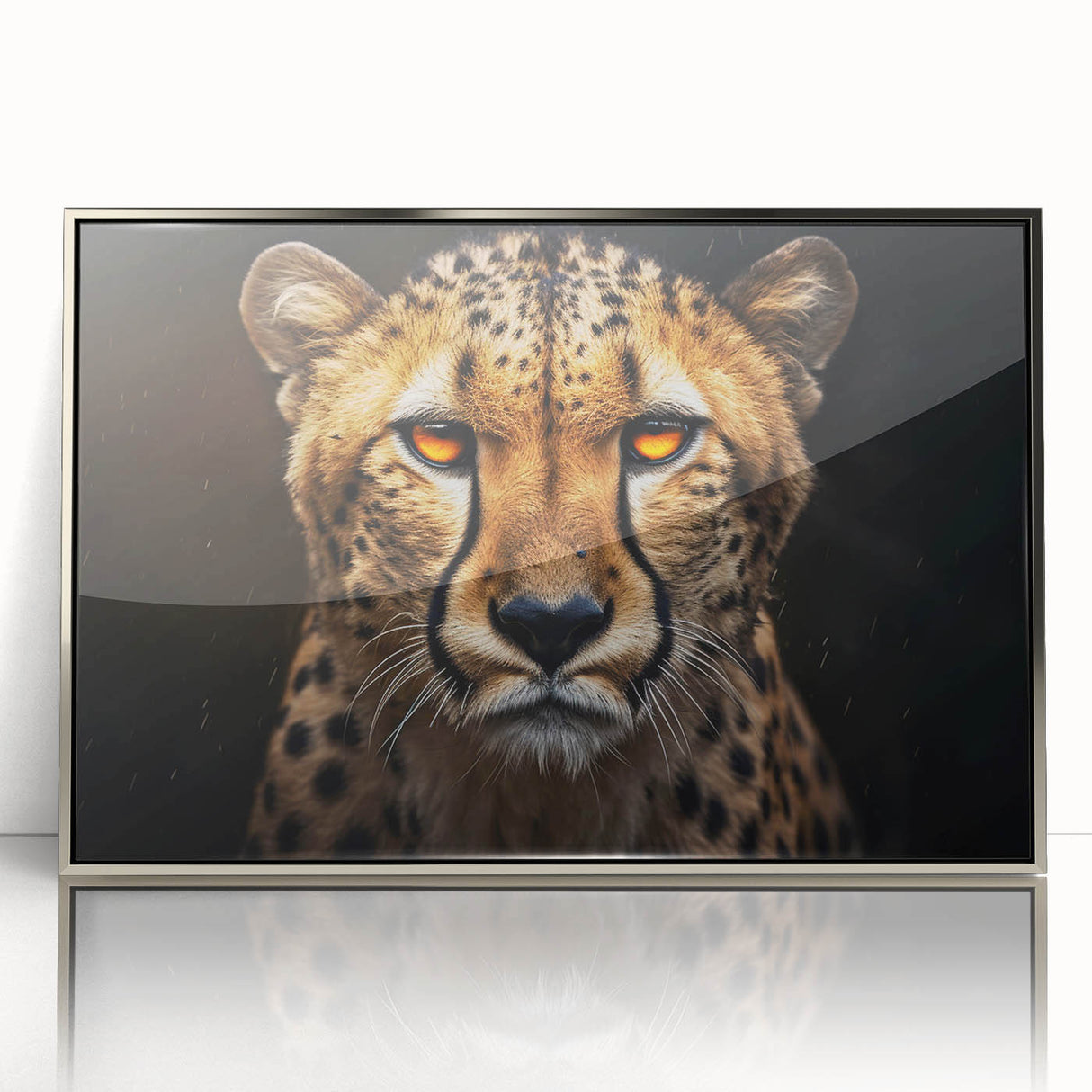 Framed wall art featuring a striking cheetah design in a silver acrylic finish, showcasing vibrant colors and intricate details, perfect for wildlife enthusiasts.