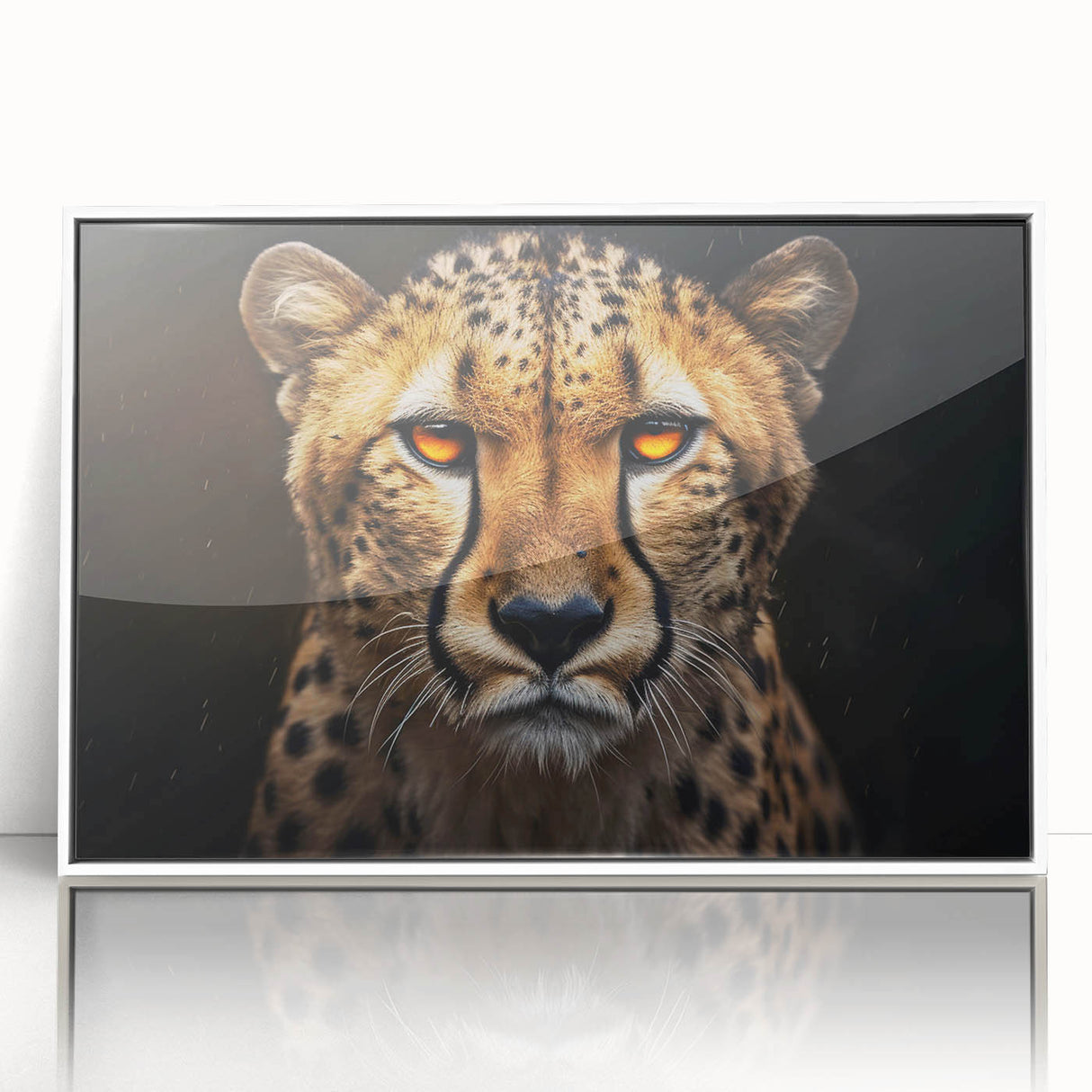 Framed wall art featuring a striking cheetah design in a white frame, showcasing vibrant colors and intricate details, perfect for wildlife enthusiasts and home decor.