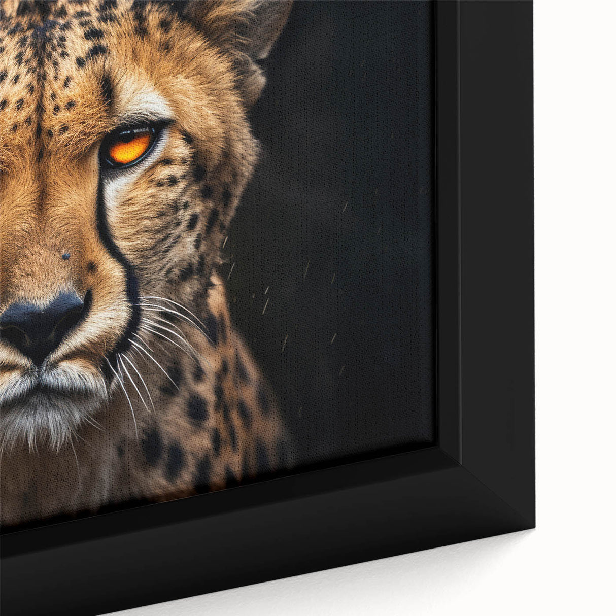 Close-up of a framed canvas wall art design featuring a majestic cheetah in its natural habitat, showcasing vibrant colors and intricate details ideal for wildlife enthusiasts.