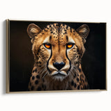 Framed canvas wall art featuring a striking cheetah design in gold tones, showcasing a side view of the majestic animal against a textured background, perfect for wildlife enthusiasts and home decor.