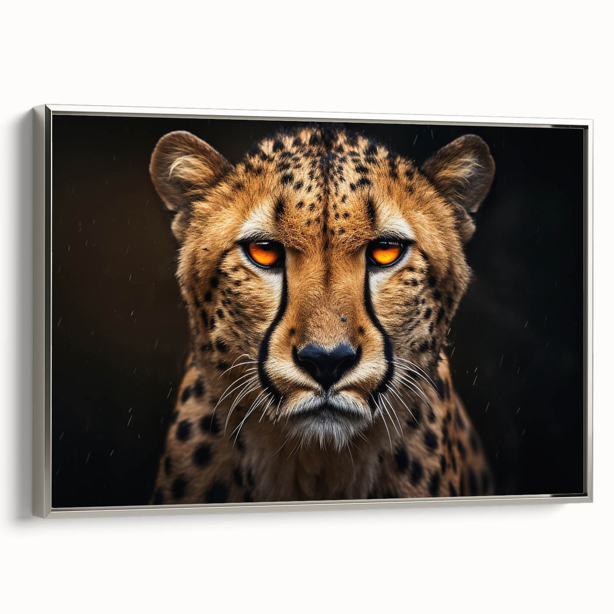 Framed wall art featuring a striking silver side view of a cheetah in a wild setting, showcasing intricate details and vibrant colors, perfect for animal lovers.