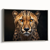Framed wall art featuring a striking silver side view of a cheetah in a wild setting, showcasing intricate details and vibrant colors, perfect for animal lovers.