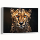 Framed canvas wall art showcasing a stunning side view of a cheetah in a natural setting, featuring vibrant colors and intricate details, perfect for wildlife enthusiasts.
