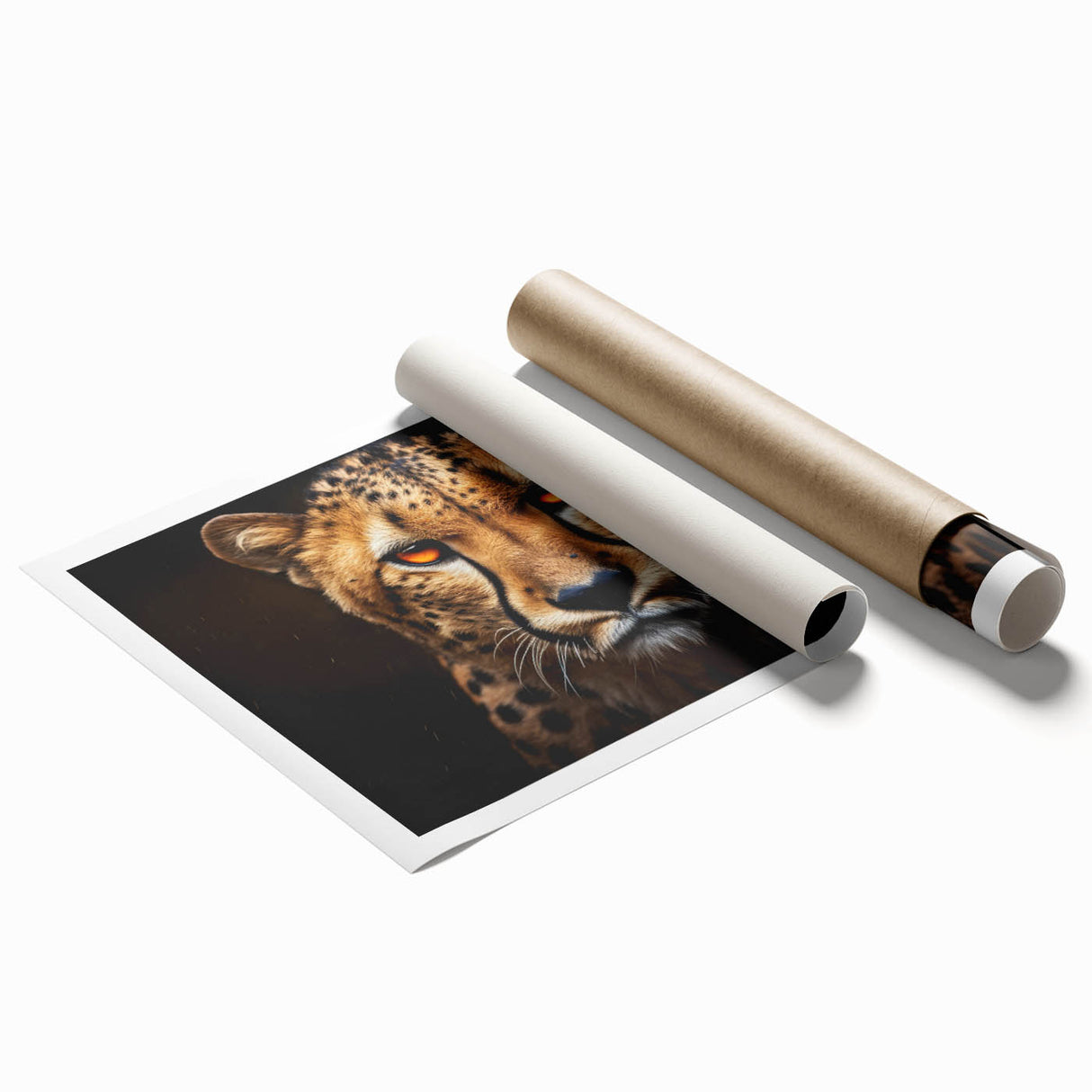 Cheetah wall art print showcasing a stunning, vibrant design featuring a cheetah in its natural habitat, rolled for easy display and shipping. Perfect for wildlife enthusiasts.