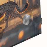 Close-up of a sleek acrylic glass wall art piece showcasing a vibrant cheetah design, highlighting the animal's striking features and dynamic colors, perfect for wildlife enthusiasts.