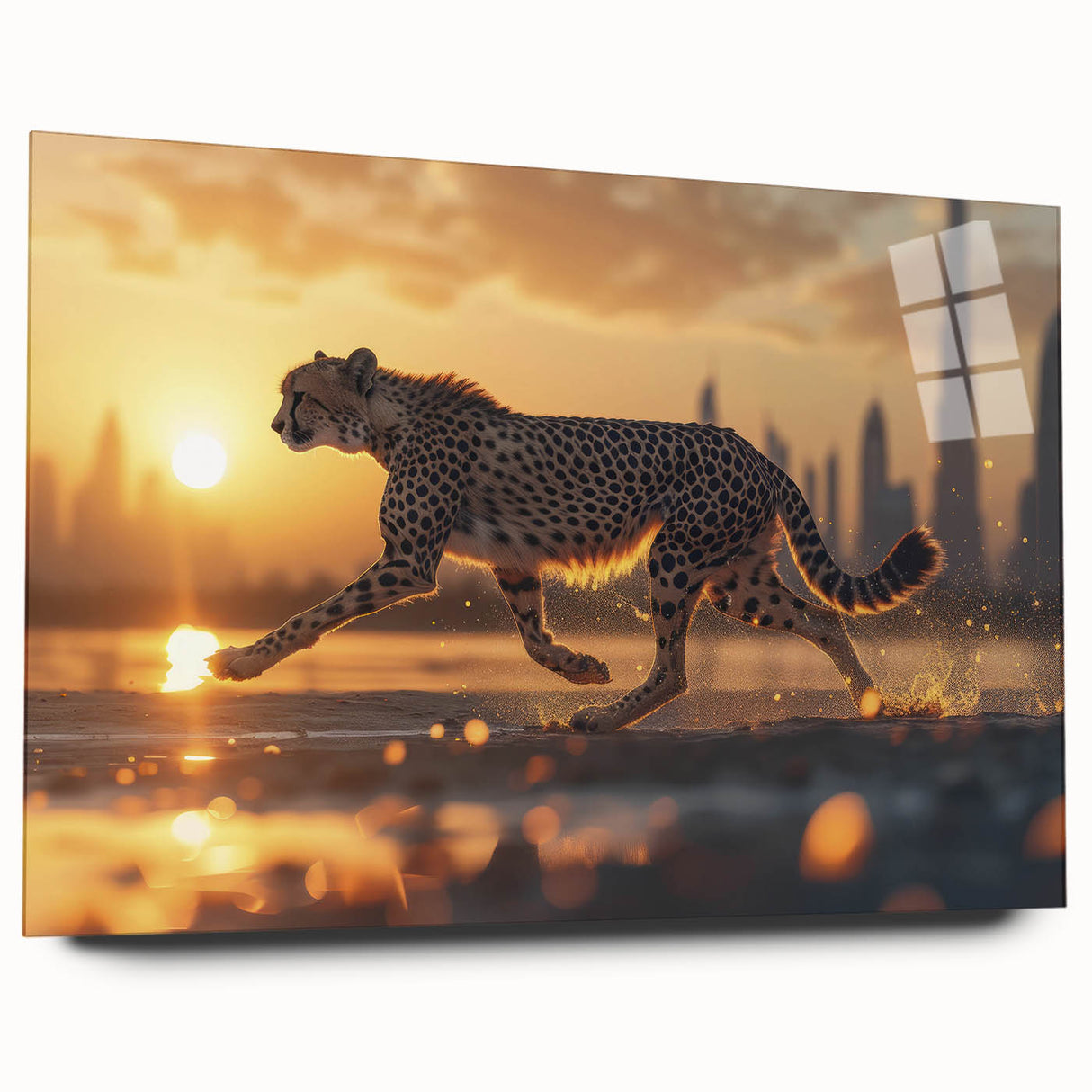 Cheetah-themed wall art design displayed in a modern acrylic glass frame, showcasing vibrant colors and intricate details, ideal for wildlife enthusiasts. Perfect for adding a touch of nature to home decor.