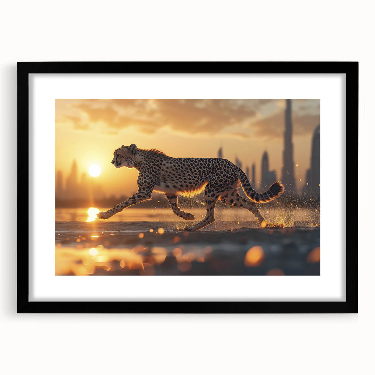 Cheetah wall art design in an elegant black frame with a white mat, showcasing a vibrant depiction of wildlife, perfect for animal lovers and home decor enthusiasts.