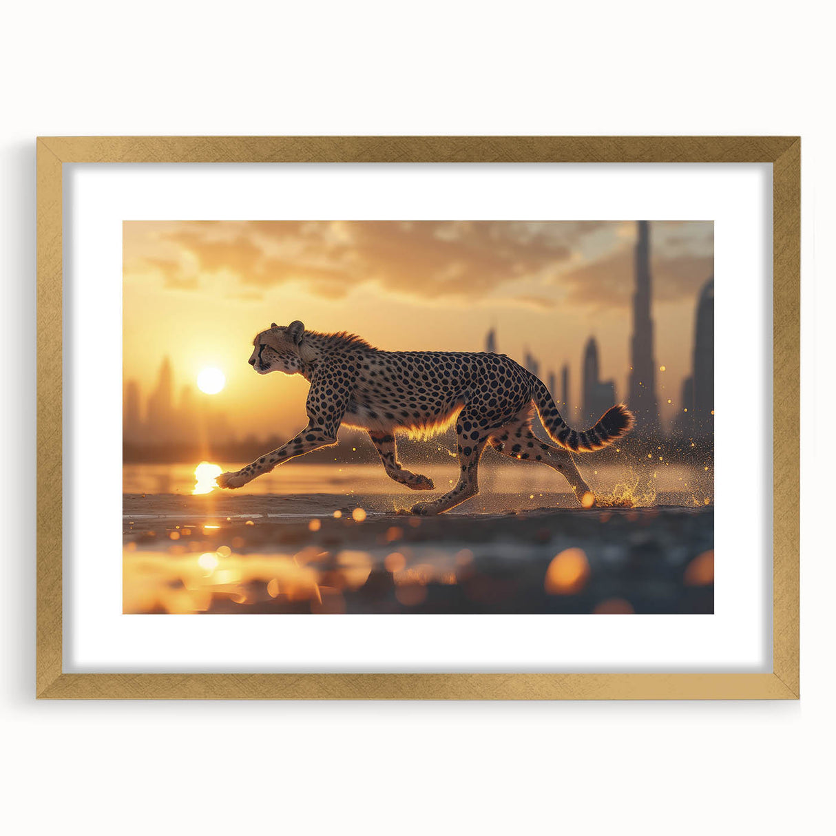Cheetah-themed wall art collection featuring a gold-framed design with an elegant mat, showcasing a striking front view of a wild cheetah in its natural habitat. Perfect for animal lovers and home decor enthusiasts seeking a touch of wildlife elegance.