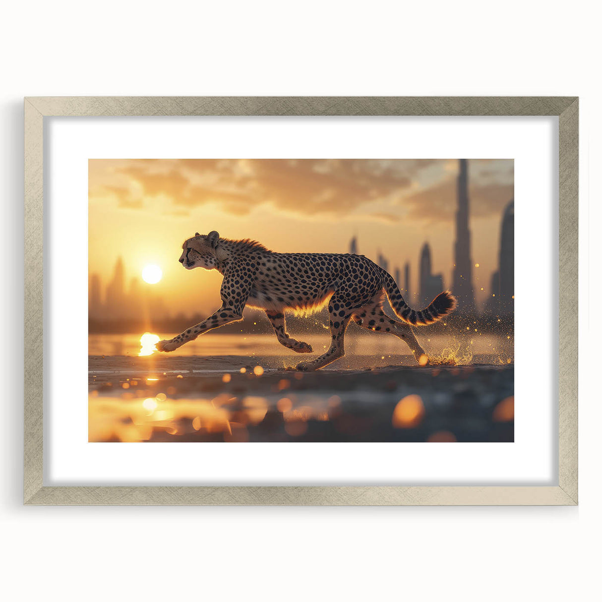 Cheetah-themed wall art framed in silver, featuring a vibrant depiction of wildlife in a natural setting, perfect for animal lovers and home decor enthusiasts.