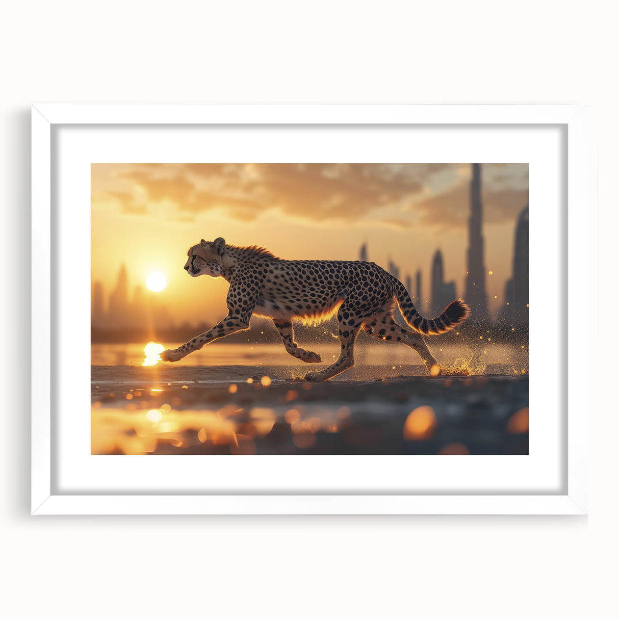 Cheetah-themed wall art collection featuring a striking black and white design in a sleek white frame. Ideal for adding a modern touch to wildlife decor.