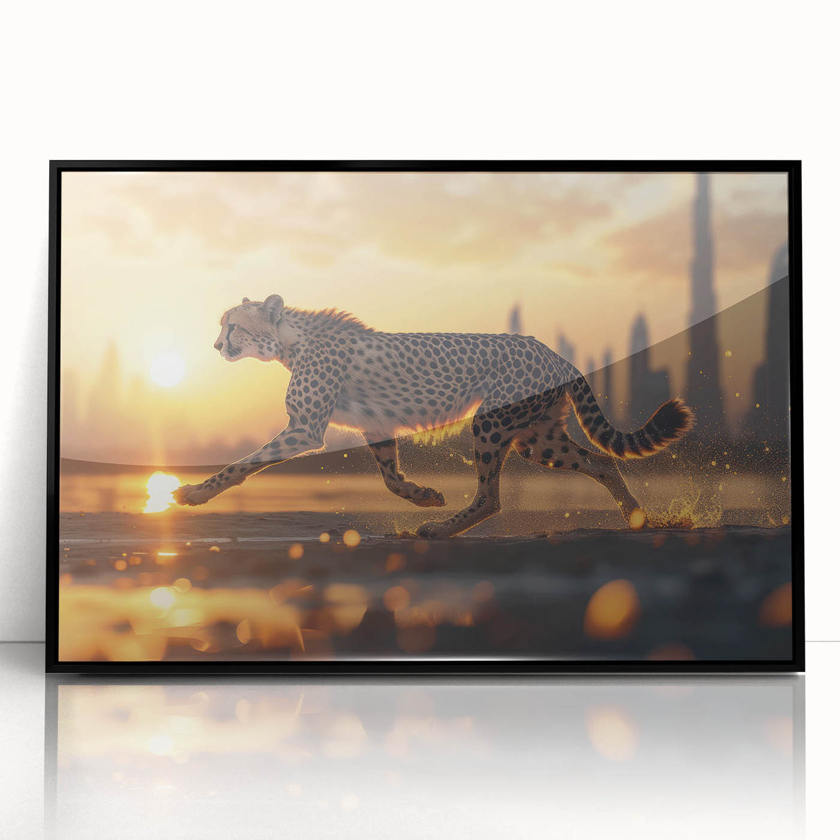 Framed acrylic wall art showcasing a striking cheetah design, featuring vibrant colors and intricate details, perfect for animal lovers and home decor enthusiasts.