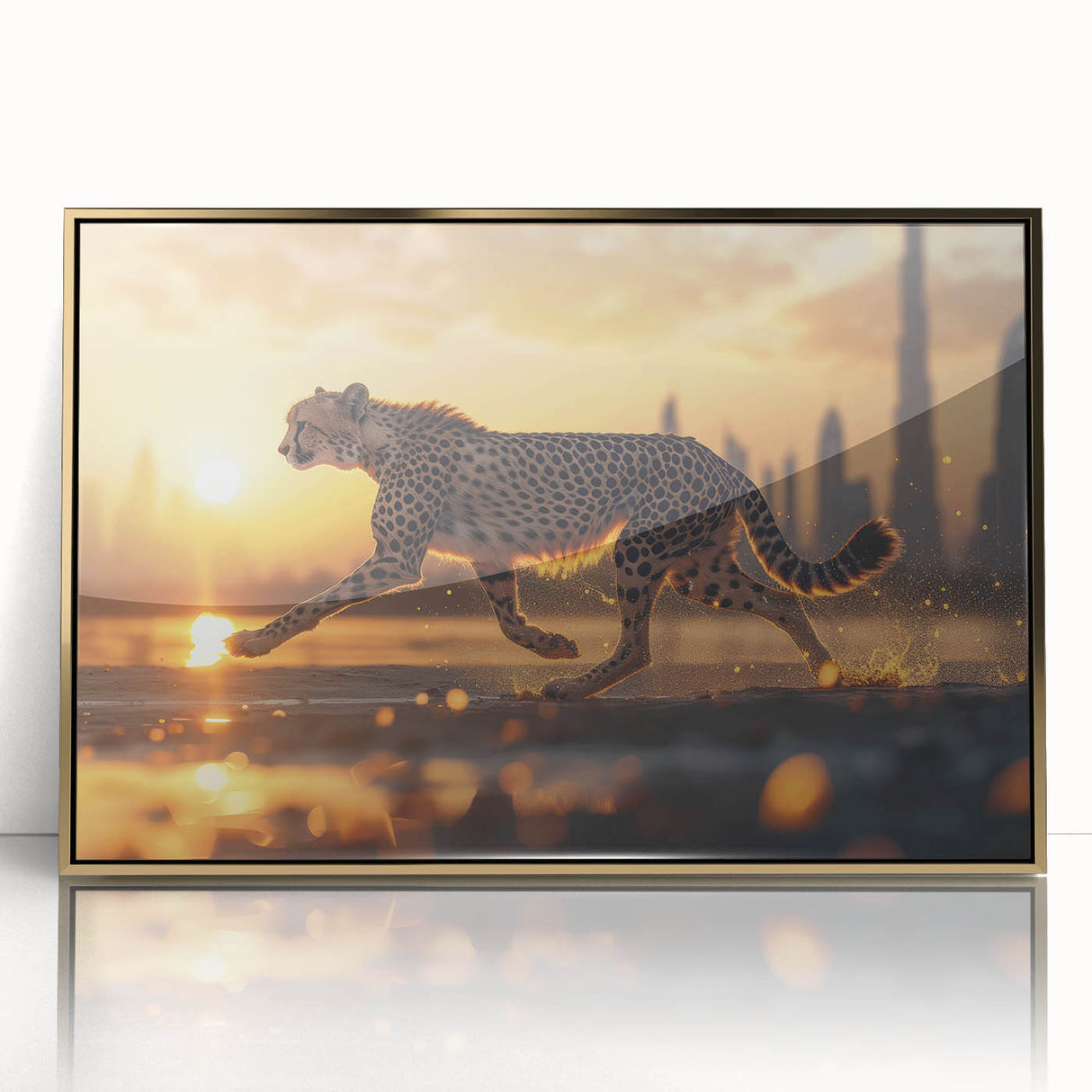 Framed wall art showcasing a striking cheetah design in vibrant colors, featuring a sleek gold frame, perfect for wildlife enthusiasts and home decor.