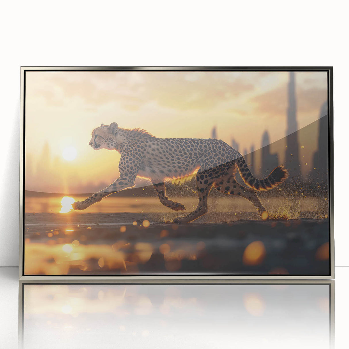 Framed wall art showcasing a striking cheetah design in vibrant colors, presented with a sleek silver frame, ideal for wildlife enthusiasts and modern decor.