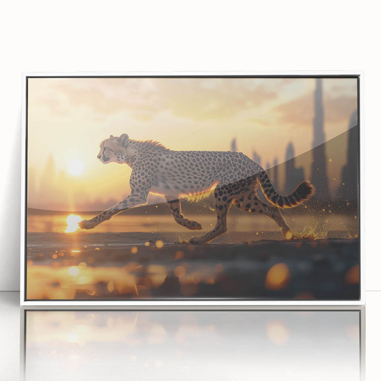 Framed wall art featuring a striking cheetah design, showcasing vibrant colors and intricate details, perfect for wildlife enthusiasts and modern decor.