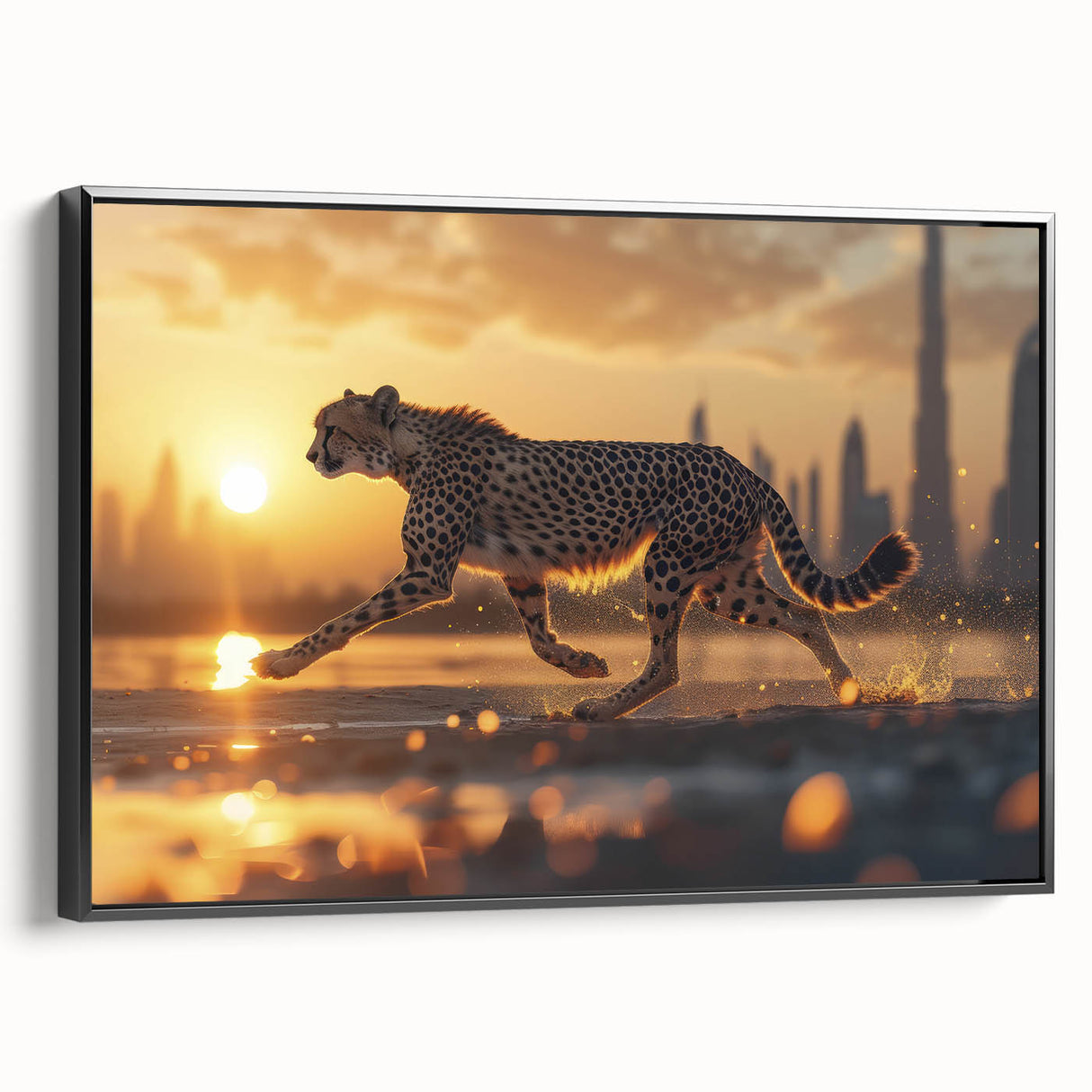 Framed canvas wall art featuring a striking cheetah design, showcasing vibrant colors and intricate details, perfect for wildlife enthusiasts and modern decor.