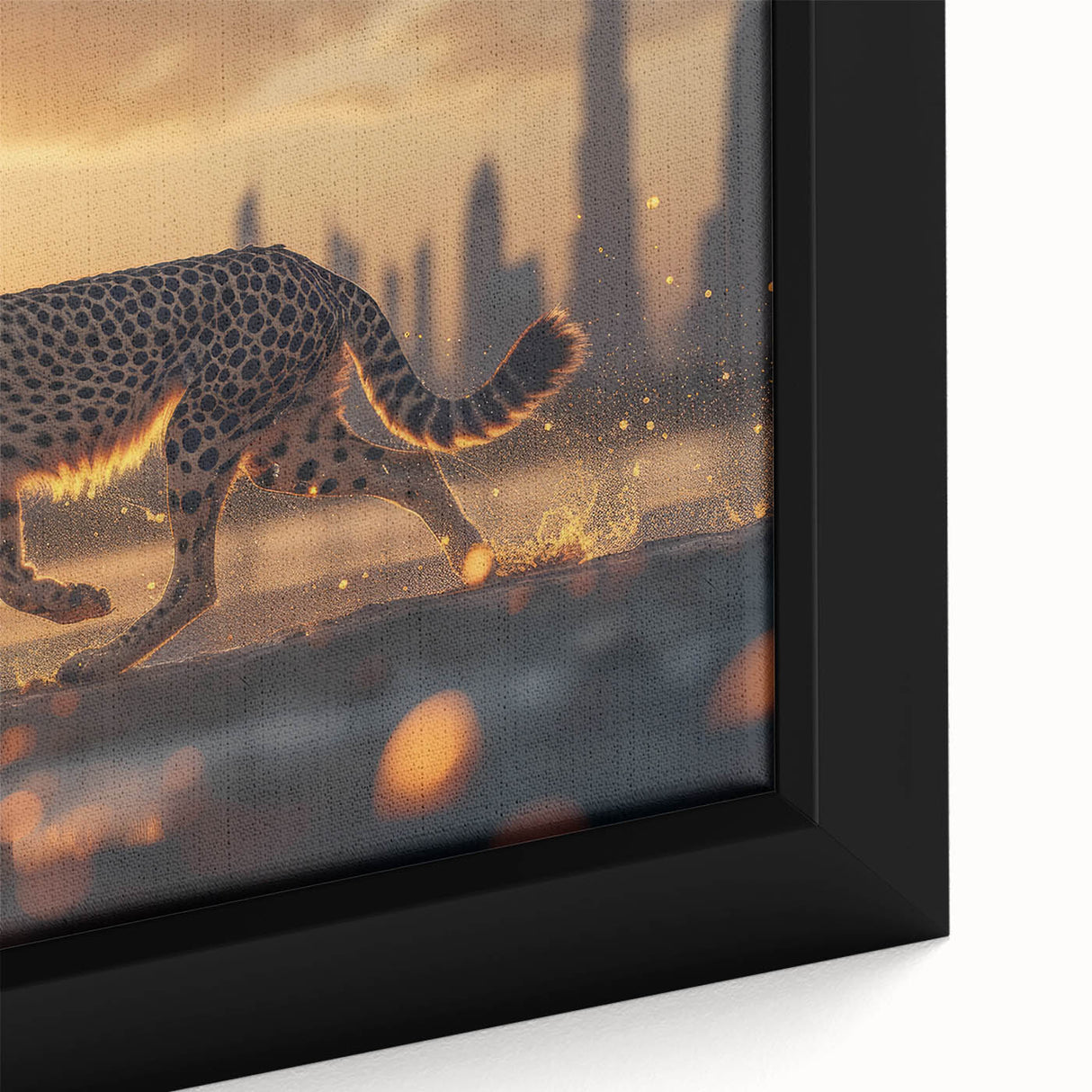 Close-up of a framed canvas wall art featuring a stunning cheetah design, showcasing vibrant colors and intricate details, perfect for wildlife enthusiasts and modern decor.