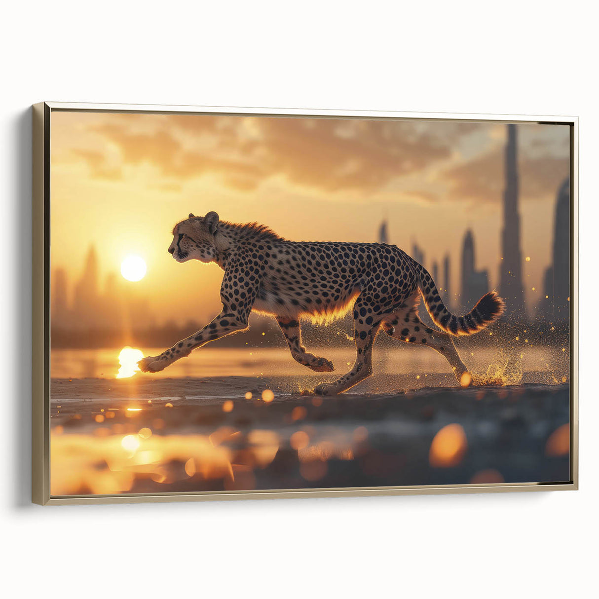 Cheetah-themed wall art featuring a striking side view of a cheetah in a gold frame, perfect for adding a touch of wildlife elegance to any decor. This artwork captures the essence of the African savannah, showcasing the cheetah's graceful form and vibrant colors, ideal for animal lovers and art enthusiasts alike.