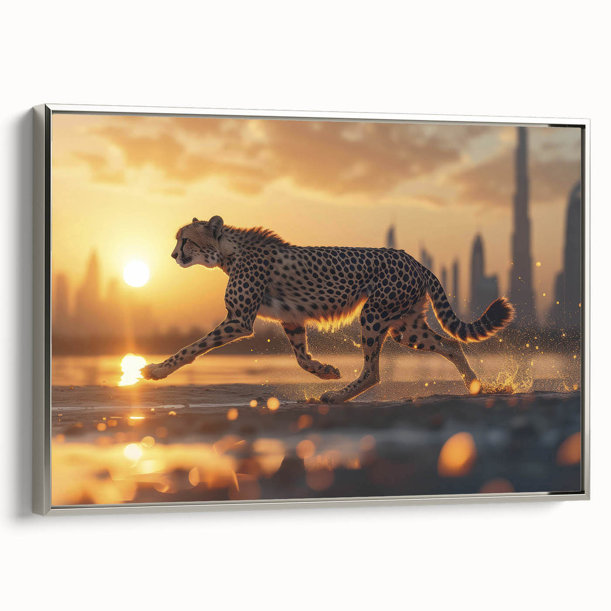 Framed wall art featuring a sleek silver-sided cheetah design, showcasing vibrant colors and intricate details, perfect for animal lovers and home decor enthusiasts.